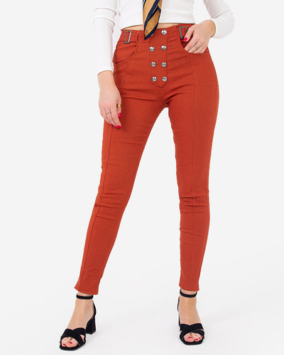 Dámske hnedé látkové treginy s ozdobnými gombíkmi - Oblečenie