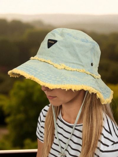 Ženski sončni klobuk Aristea pastel jeans z rumenim robom boho
