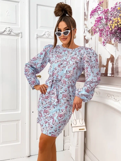 Royalfashion Kvetinové mini šaty pre ženy s pufovanými rukávmi a opaskom