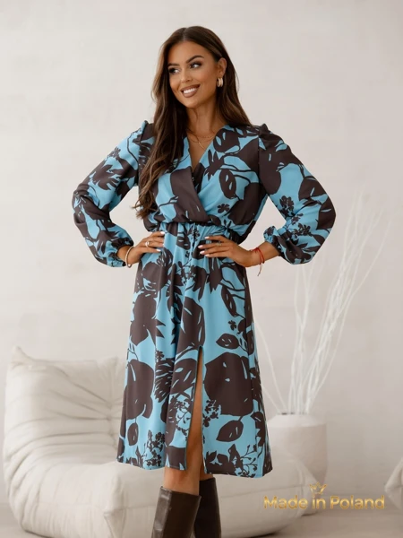 Sukienka Afrodyta Blu Oceano – modra midi, dolgi rokavi, klasičen stil