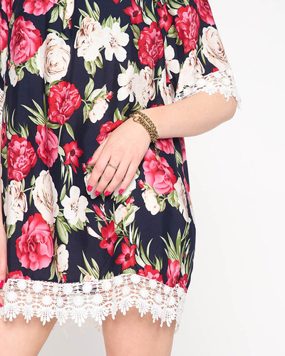 Námornícka modrá dámska blúzka s kvetmi PLUS VEĽKOSŤ - Oblečenie