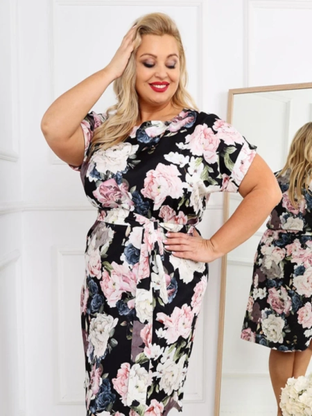 Royalfashion Dámske šaty po kolená s krátkymi rukávmi a ružovou šnúrkou