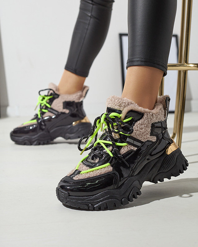 Čierna dámska športová obuv s kožušinou a neónovo žltými šnúrkami Adbo- Footwear