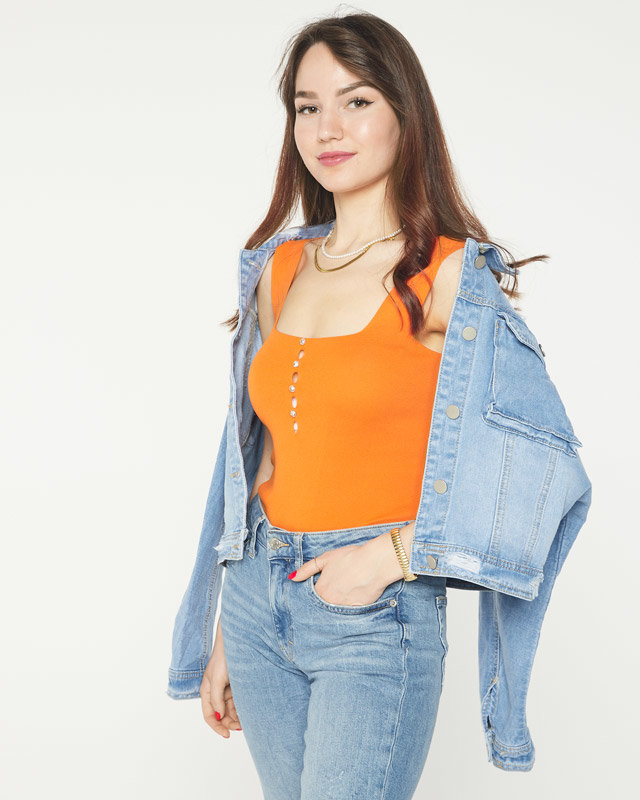 Oranžový dámsky top s kubickými zirkónmi a'la gombíky- Oblečenie
