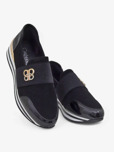 Ženski slip-on čevlji Elektra Nero z zlatim poudarkom, ekološko usnje, 3,5 cm
