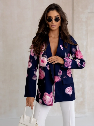Royalfashion Dámsky blazer bez zapínania s ružovými kvetmi