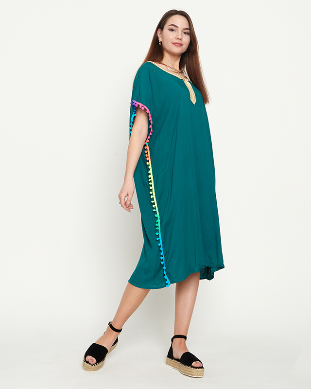 Tmavozelená dámska letná plážová tunika s brmbolcami - Oblečenie