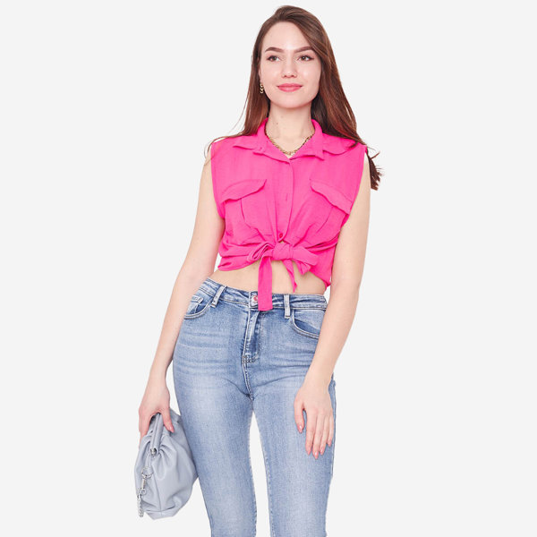 Fuchsiová crop top blúzka so zapínaním na gombíky - Oblečenie