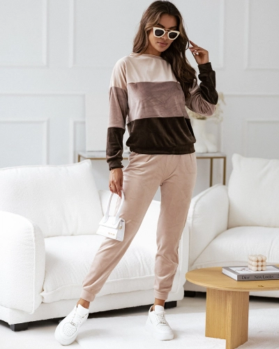 Royalfashion Béžová dámska pruhovaná mikinová súprava