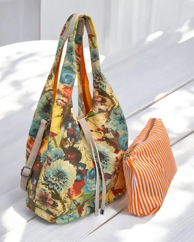 Royalfashion Veľká látková taška s kvetmi, s kozmetickou taškou a magnetickým zapínaním