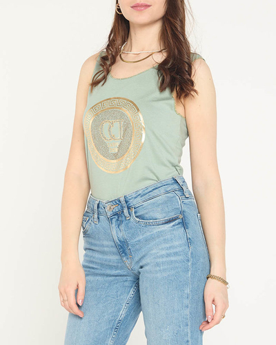 Tmavo zelená blúzka na plece s potlačou a kubickými zirkónmi - Oblečenie