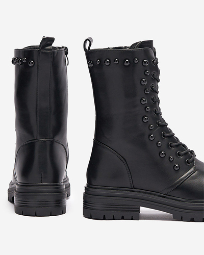 OUTLET Čierne dámske šnurovacie čižmy s perlami Gunny- Obuv