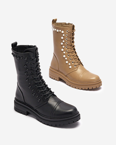 OUTLET Čierne dámske šnurovacie čižmy s perlami Gunny- Obuv