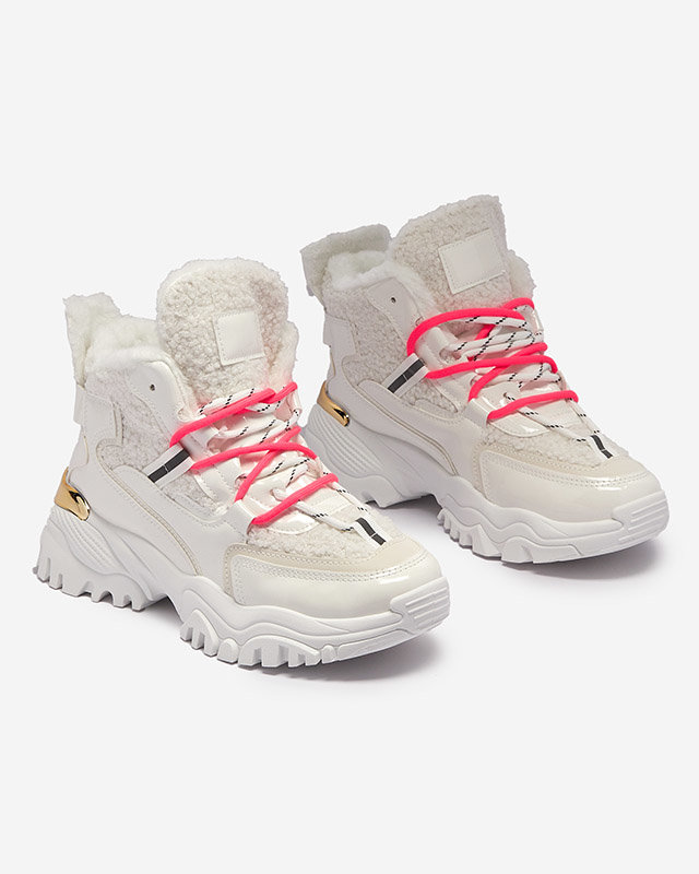 Biele dámske športové tenisky s kožušinou a neónovo ružovými šnúrkami Sagglo- Obuv