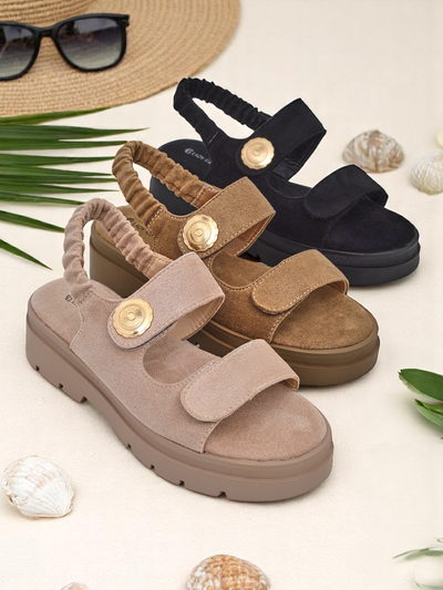Ženski sandali Royalfashion Anthea Nero – črn semiš, platforma 5 cm