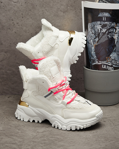 Biele dámske športové tenisky s kožušinou a neónovo ružovými šnúrkami Sagglo- Obuv