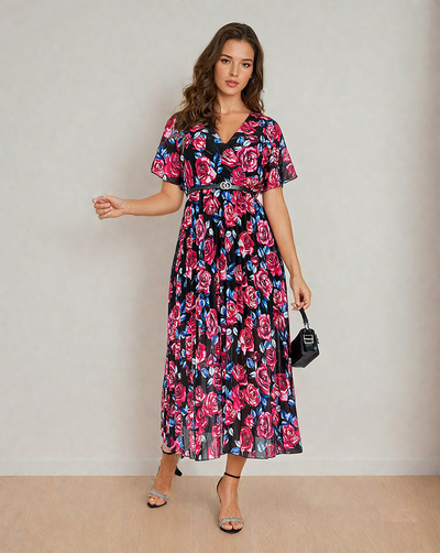 Royalfashion Dámske plisované kvetinové midi šaty