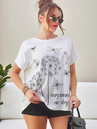 Royalfashion Dámske bavlnené tričko s púpavami a motýľom