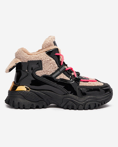 Čierna dámska športová obuv s kožušinou a neónovo ružovými šnúrkami Adbo- Footwear