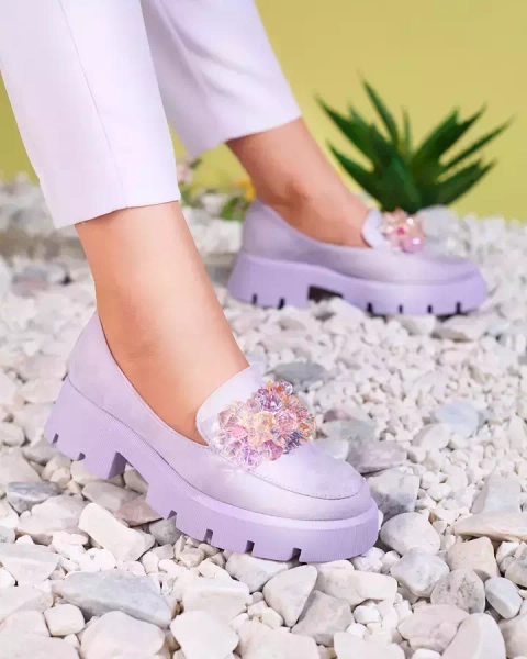 OUTLET Royalfashion Fialové dámske mokasíny s farebnými kryštálmi Crystal Glam