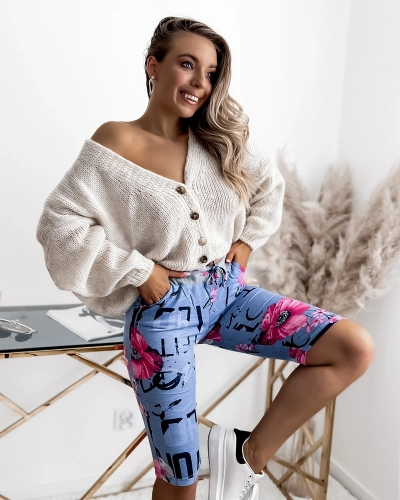 3/4 modré a ružové dámske šortky s potlačou PLUS SIZE - Oblečenie