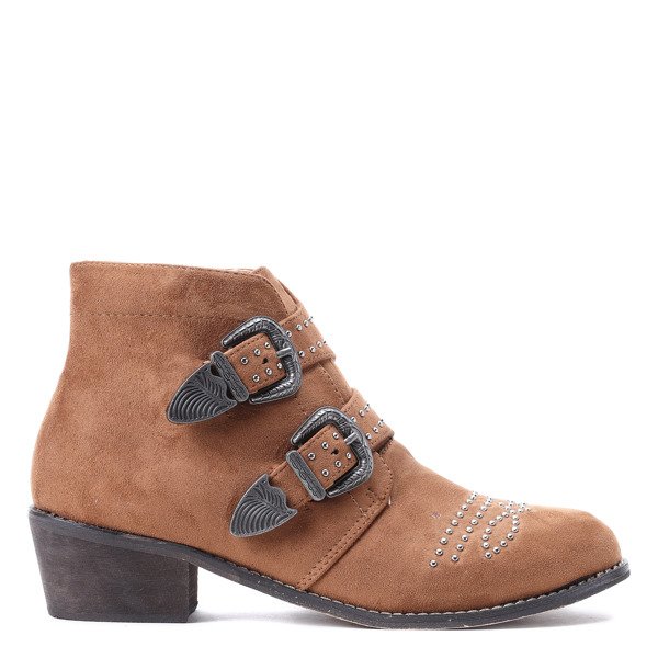 Brązowe botki na obcasie z dżetami Amelie- Obuwie