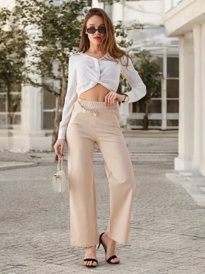 Royalfashion Dámske široké bavlnené nohavice s dekoráciou podobnou opasku