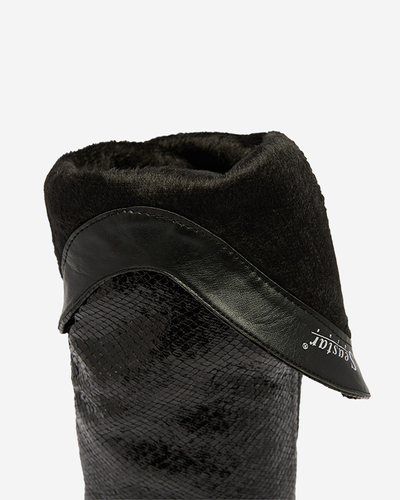 Čierne dámske čižmy na vysokom opätku s razením Elivea- Footwear