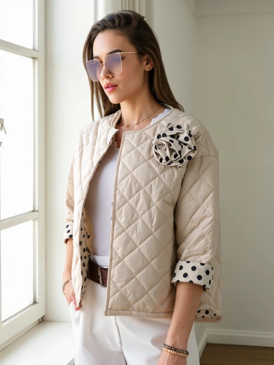 Royalfashion Jarne prechodné dámske sako s kvetinovým a bodkovaným podšívku