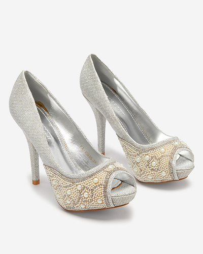 Strieborné dámske lesklé vysoké opätky s kubickým zirkónom a perlami Mira - Obuv
