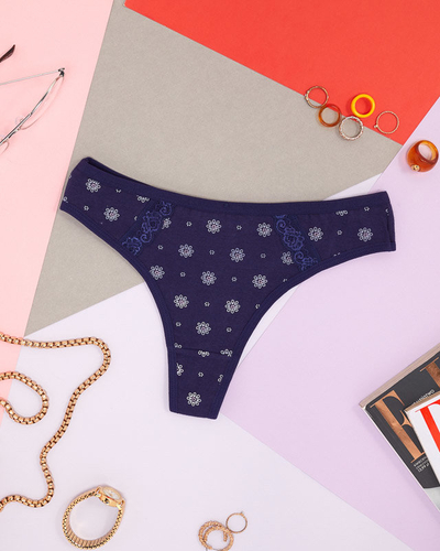 Námornícke modré dámske bavlnené tangá s kvetmi - Spodná bielizeň
