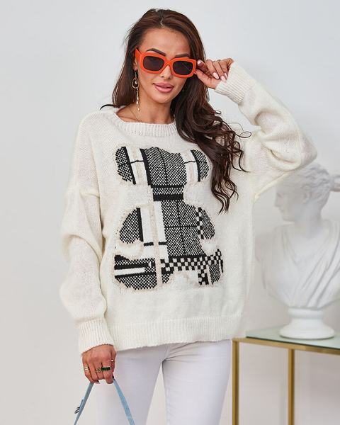 Royalfashion Krémový dámsky sveter s medvedíkom