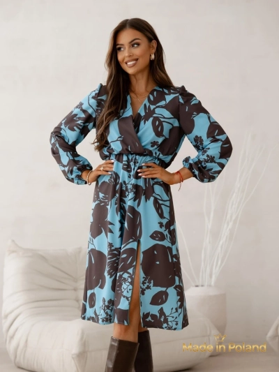 Sukienka Afrodyta Blu Oceano – modra midi, dolgi rokavi, klasičen stil
