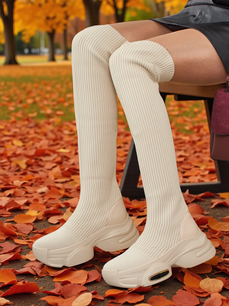 Dolgi ženski škornji na natik z debelejšim podplatom Ravmora