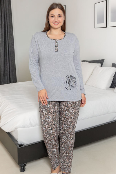 Royalfashion Šedé dámske pajama s 2 kusmi v leopardiom vzore PLUS SIZE