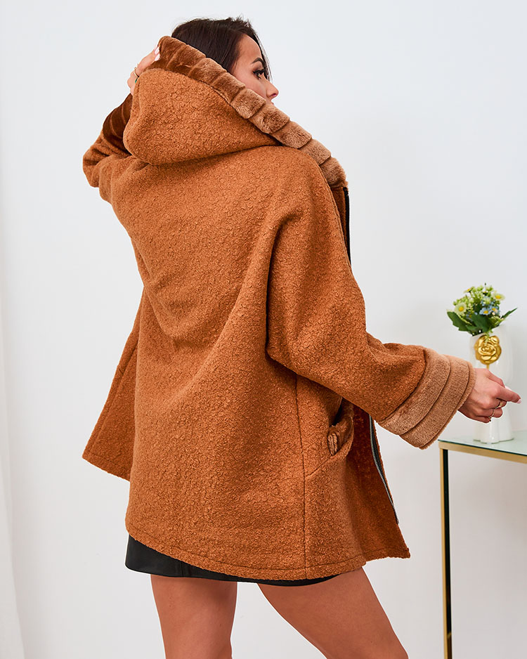 Royalfashion Dámsky krátky kabát s kožušinou Camel