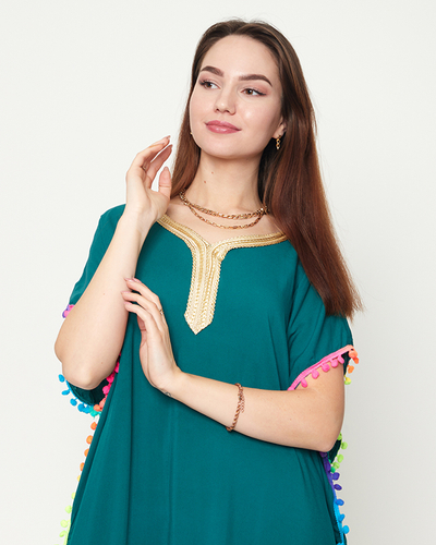 Tmavozelená dámska letná plážová tunika s brmbolcami - Oblečenie