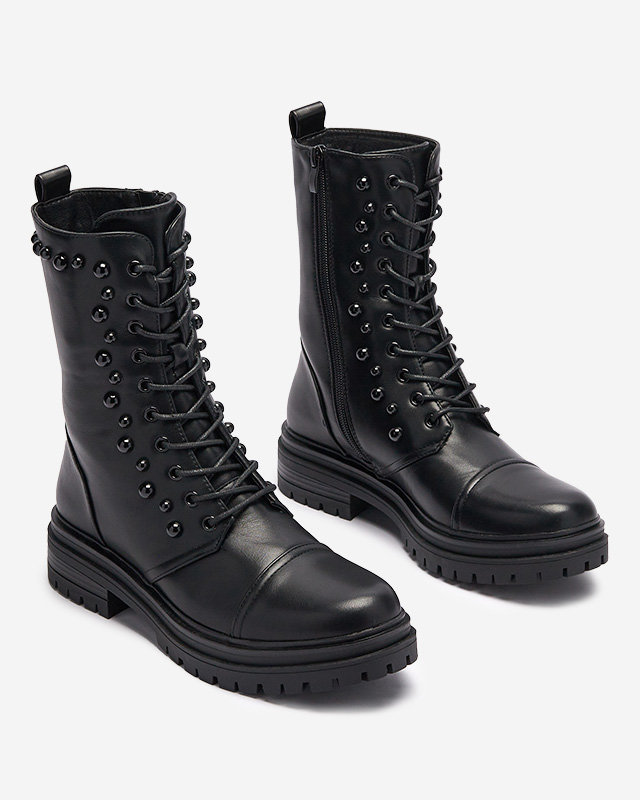 OUTLET Čierne dámske šnurovacie čižmy s perlami Gunny- Obuv