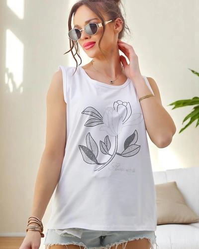 Royalfashion Bavlnený dámsky top s kamienkami KVETINY