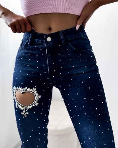 Dámske džínsové 3/4 šortky so zirkónmi v námorníckej modrej farbe - Oblečenie