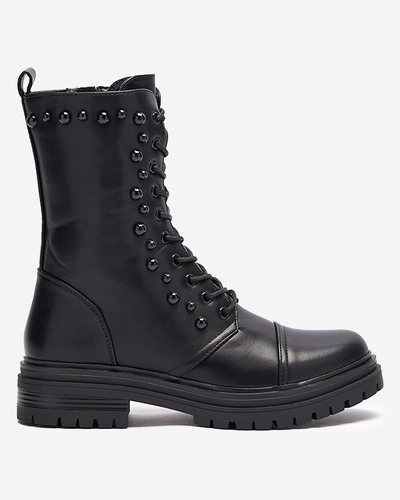 OUTLET Čierne dámske šnurovacie čižmy s perlami Gunny- Obuv