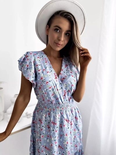 Royalfashion Modré dámske mini šaty s kvetinovým motívom