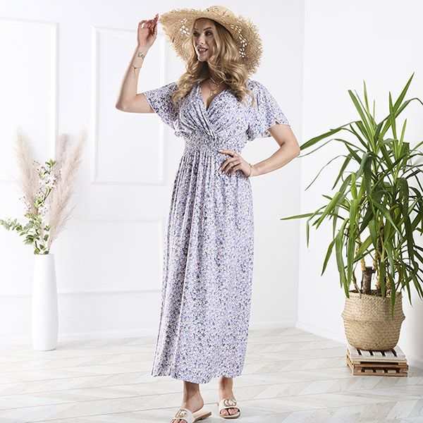 Dlhé fialové dámske šaty s drobnými kvetmi - Oblečenie