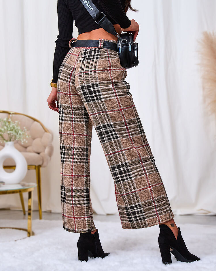 Royalfashion Béžové dámske široké kockované nohavice