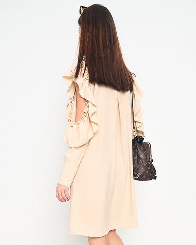 Béžové košeľové šaty s volánmi a mašľou - Oblečenie