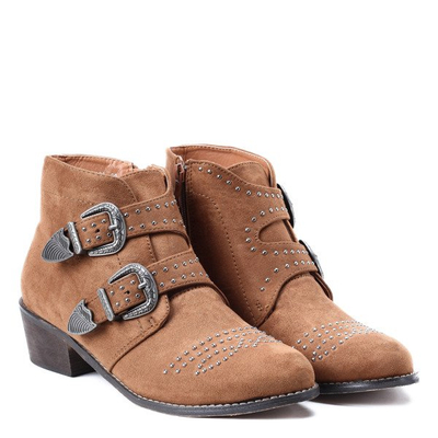 Brązowe botki na obcasie z dżetami Amelie- Obuwie