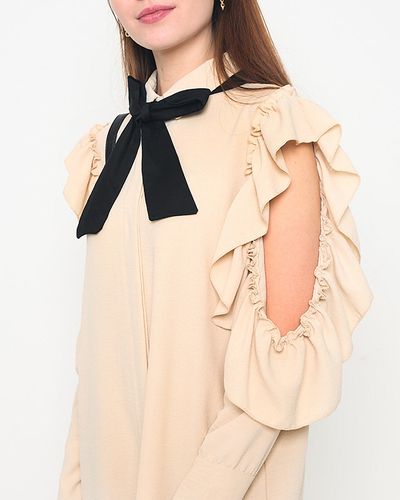 Béžové košeľové šaty s volánmi a mašľou - Oblečenie