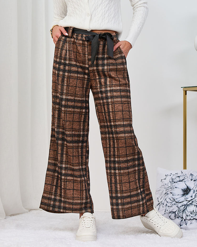 Royalfashion Dámske široké kockované nohavice Camel