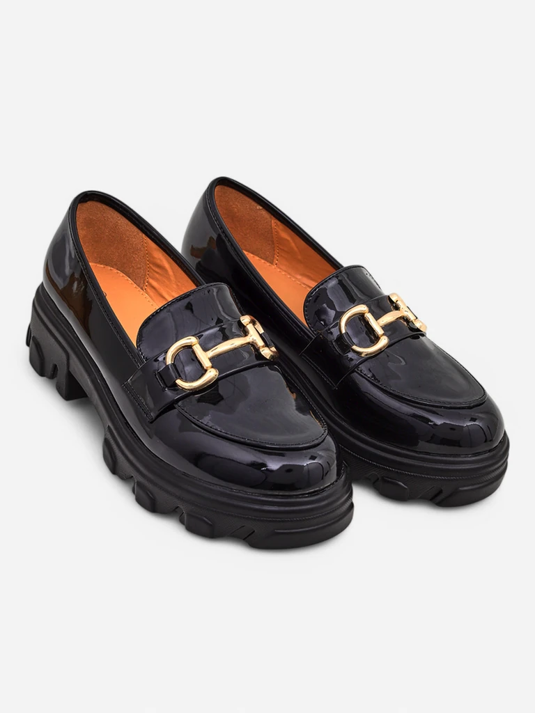 Ženski mokasini Callista črni iz ekološkega usnja na platformi 5 cm