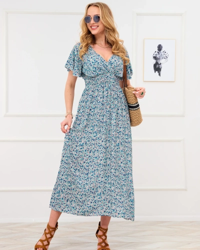 Zelené dámske kvetinové šaty s obálkovým výstrihom - Oblečenie